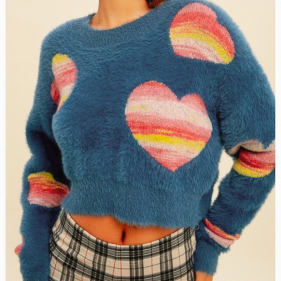 Just In// Fuzzy Heart Rainbow Sweater - Denim Blue - Picture 9 of 12